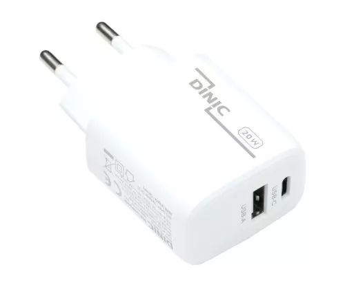 Caricatore/alimentatore USB C+A 20W, PD, bianco, box Power Delivery, bianco, DINIC Box